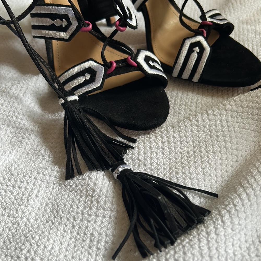 Black Suede Lace up Schutz Heels w/ Pink, White, & Fringe Detail (Size 8.5) - Picture 4 of 12